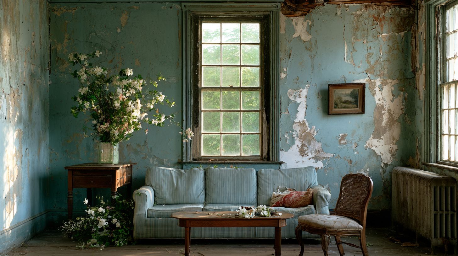 Altbau-Wohnzimmer mit abblätternder Wandfarbe, Sofa und Blumen