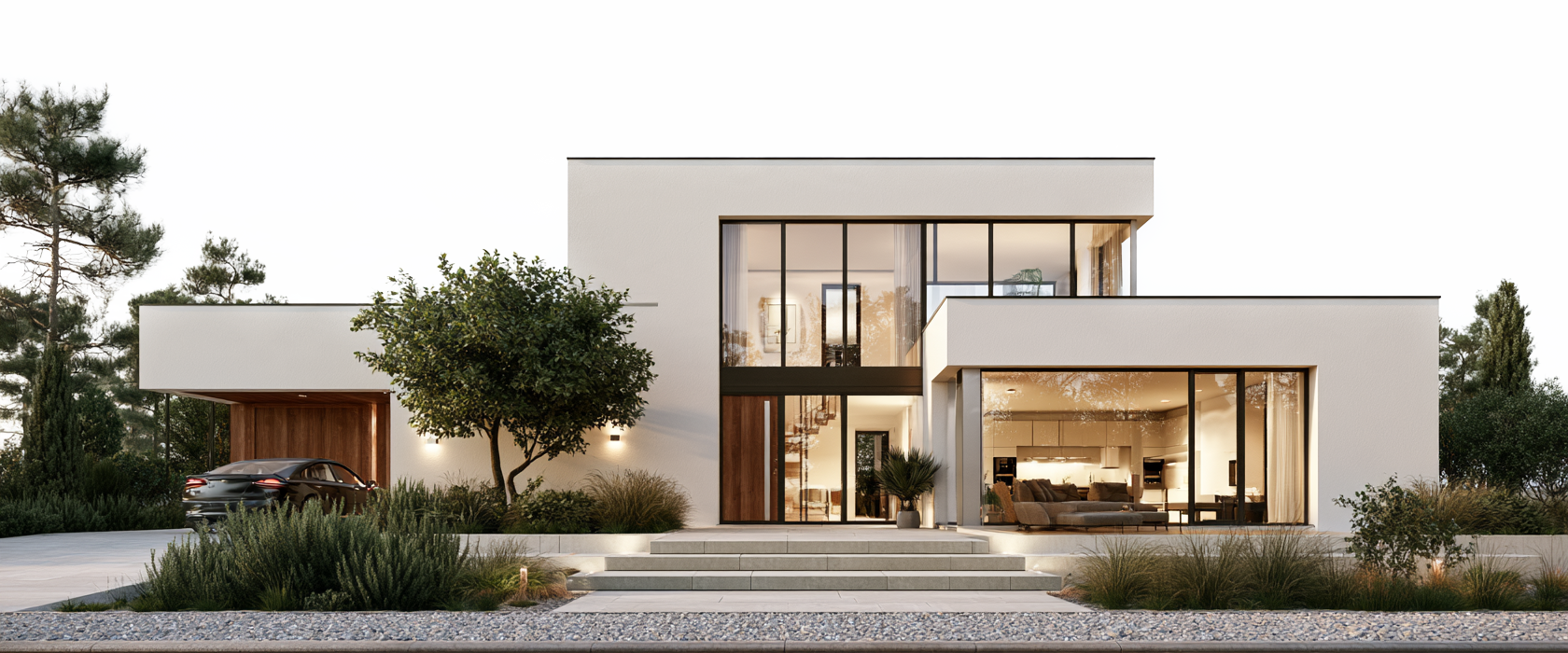 Modernes Einfamilienhaus mit großen Fensterfronten und Garten in der Abenddämmerung