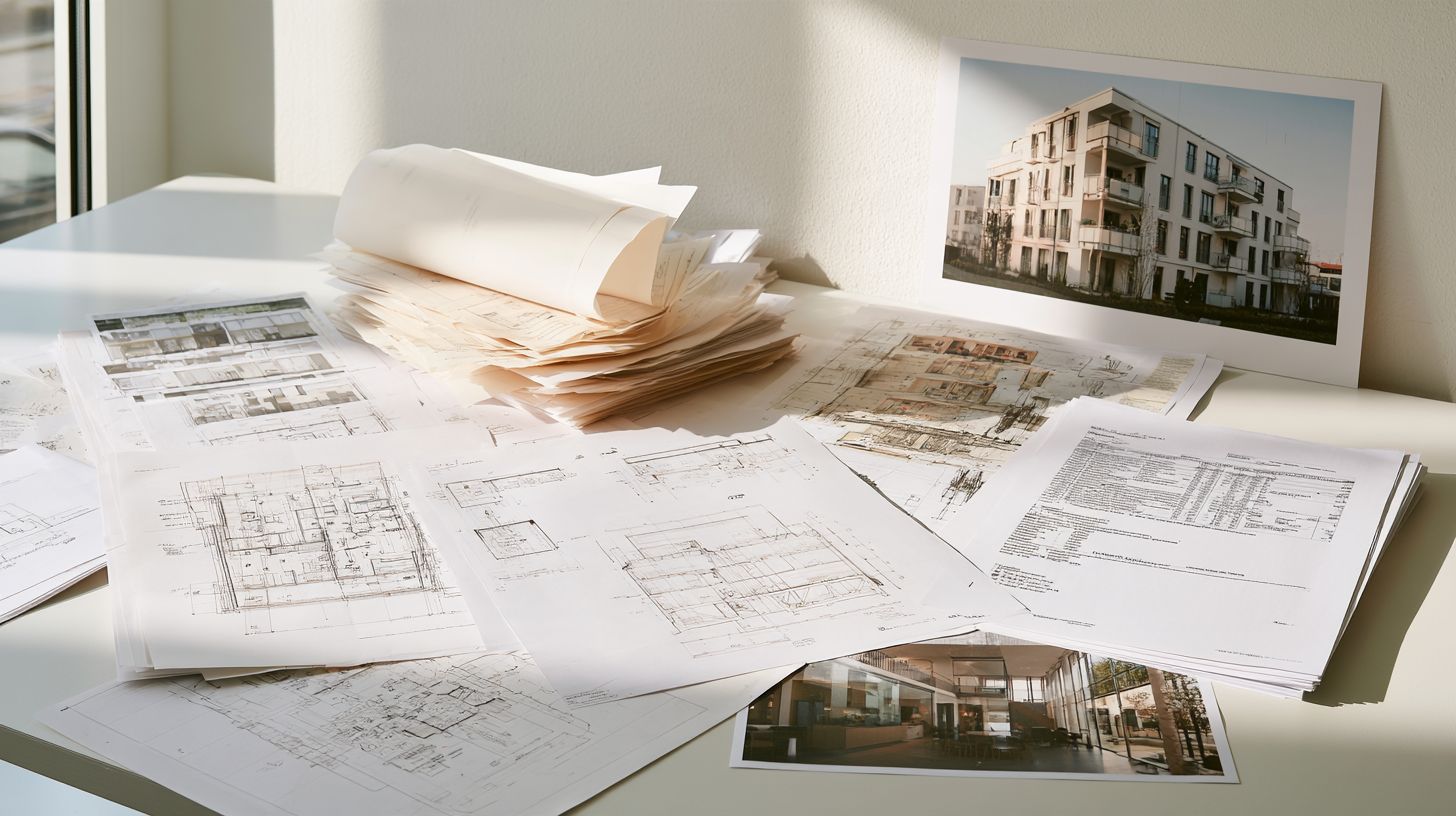 Grundrisse, Baupläne und Fotos eines Mehrfamilienhauses auf einem Schreibtisch